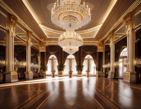 opulent ballroom interior with crystal chandeliers and golden accents background
