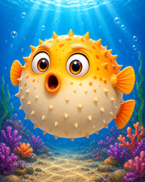 Cute Orange Pufferfish Cartoon Character Swimming Underwater