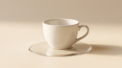 Fototapeta premium Minimalist white ceramic coffee cup on glass saucer with soft shadow
