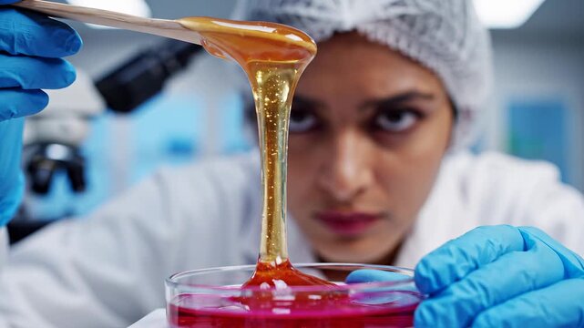 Indian adult female researcher analyzing a viscous golden liquid in a laboratory petri dish. Food science expert working on product development and quality control analysis
