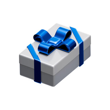 3D icon of gray gift box with blue ribbon bow, transparent background