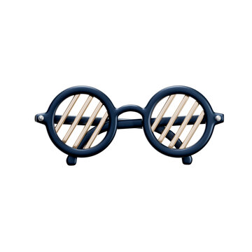 3D icon of navy round eyeglasses with gold striped lenses, transparent background