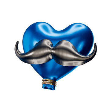 3D icon of blue heart shaped balloon with gray mustache, transparent background