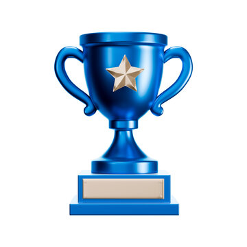 3D icon of blue trophy cup with gold star and blank plaque, transparent background