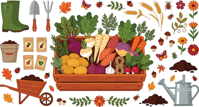 Autumn root vegetables harvest vector illustration collection featuring root crops in a wooden crate garden tools and wheelbarrow for seasonal farm marketing templates