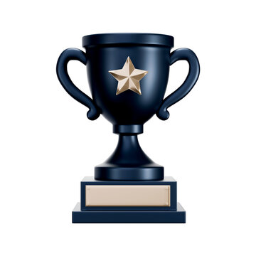 3D icon of navy trophy cup with gold star and blank plaque, transparent background