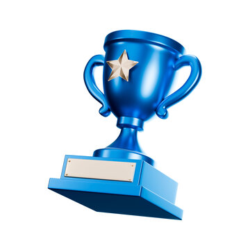 3D icon of tilted blue trophy cup with gold star and blank name plate