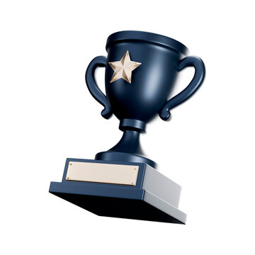 3D icon of tilted navy trophy cup with gold star and blank name plate