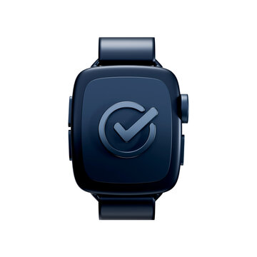 3D icon of navy blue smartwatch with checkmark on screen, transparent background