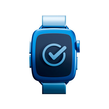 3D icon of light blue smartwatch with checkmark on screen, transparent background