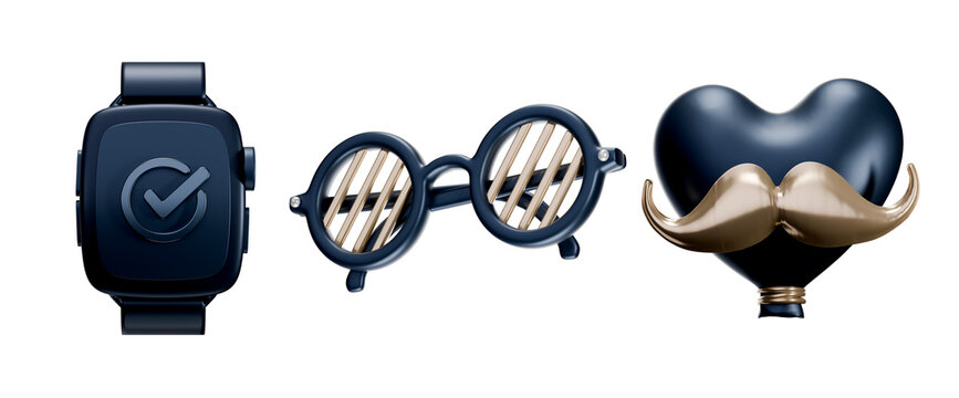 3D icon set of navy smartwatch, round eyeglasses and heart balloon mustache