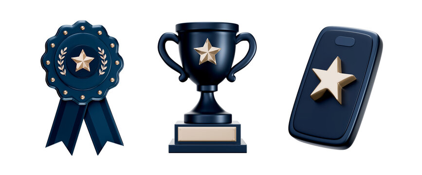 3D icon set of navy award ribbon, trophy cup and star phone, transparent background