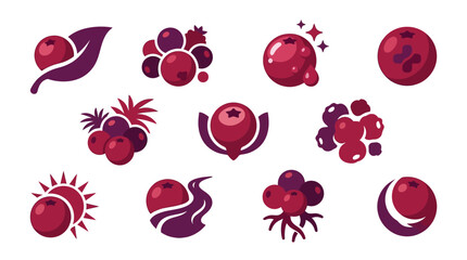 Collection of stylized berry icons and symbols, featuring cranberries and blueberries in various artistic representations. © tr