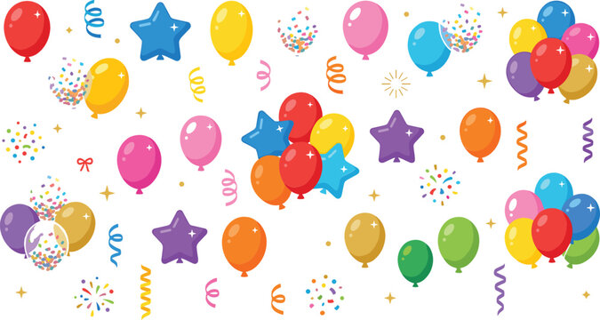 Colorful birthday balloon elements set with confetti streamers and star balloons isolated on white background flat vector illustration for party graphic design template
