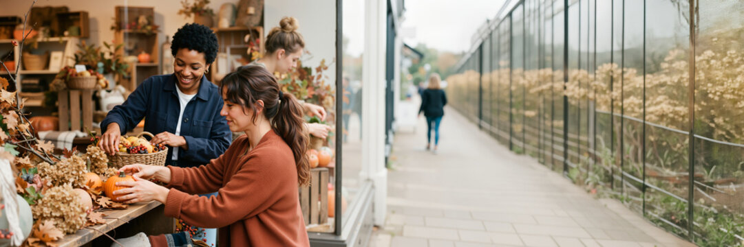 Two women arranging autumn pumpkins in a shop display. Seasonal harvest decor for fall retail promotion. Copy space on right