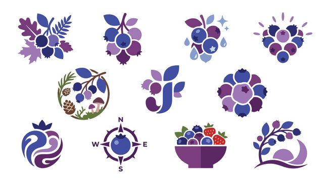 Collection of stylized blueberry icons and logos with natural elements like leaves, berries, and pinecones.