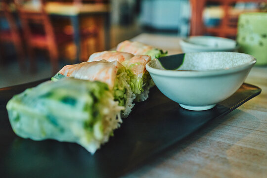 Shrimp visible through translucent rice paper wrapper