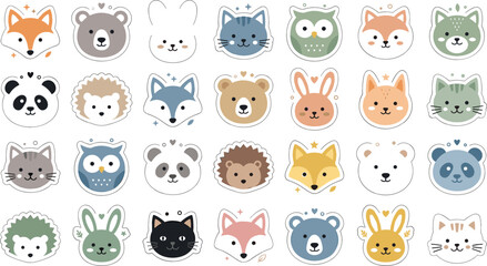 Cute animal face avatar cartoon characters sticker sheet bundle featuring fox bear cat rabbit panda and owl icons for nursery scrapbook marketing design © AdhinChandra
