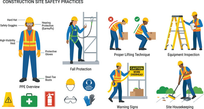 Construction site safety practices infographic poster featuring ppe guidelines fall protection proper lifting techniques and industrial compliance protocols for workforce training