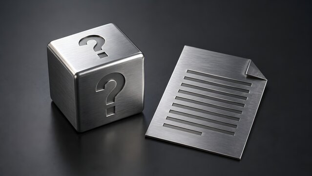 Metallic cube with question mark and solid metal document plate on dark industrial background