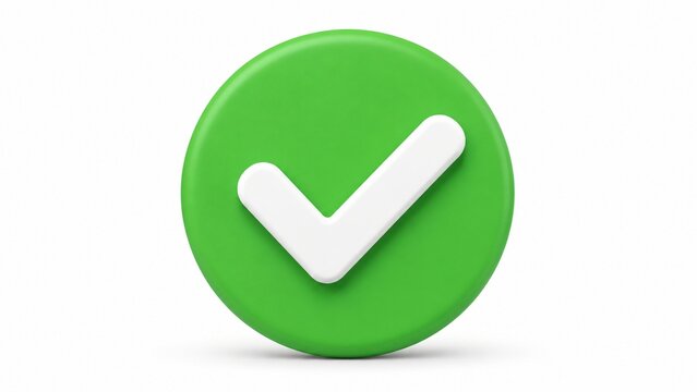 Glossy 3D green tick mark button icon isolated on white background
