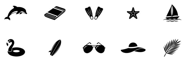 Summer beach and ocean vacation icon set, black tropical sea travel silhouette symbols on transparent background © Tanya