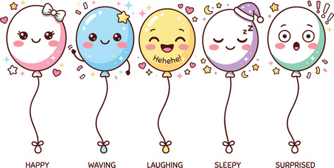 Cute balloon cartoon characters set showing happy waving laughing sleepy and surprised facial expressions flat vector illustration for children party graphic design