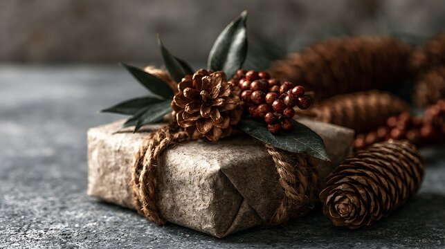 Holiday Ecommerce Rustic gift wrapped in textured kraft paper with pine cone, red berries and green leaves on stone surface