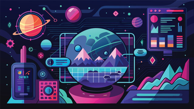Digital technology concept with planet data and analytics technology analytics interface illustration information connection innovation abstract background communication statistics