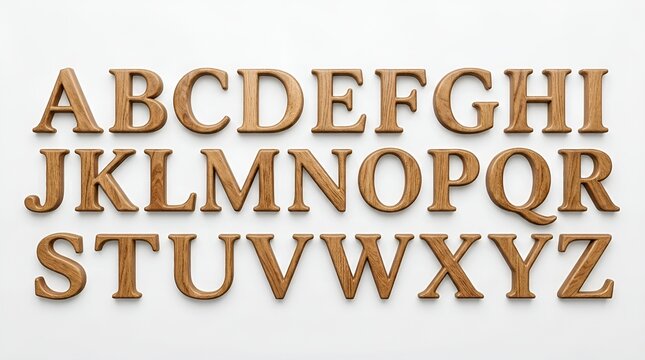 Rustic Wooden Alphabet Letters with Rough Bark Texture and Moss Accents