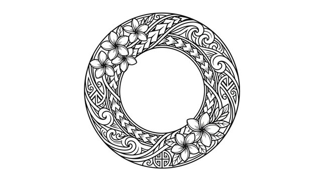 Polynesian Tribal Circular Frame with Plumeria Flowers