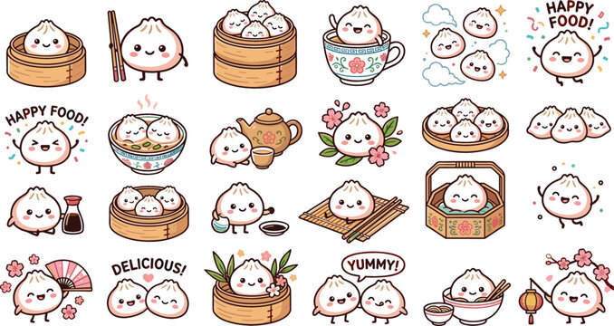 Cute bao dim sum dumpling cartoon character sticker sheet with bamboo steamers and teapots for asian food branding and kid scrapbook design elements