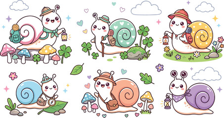 Cute camping snail vector illustration set featuring kawaii cartoon characters with hiking backpacks lanterns mushrooms and hats for kids stickers and children nursery design © AntarChandra