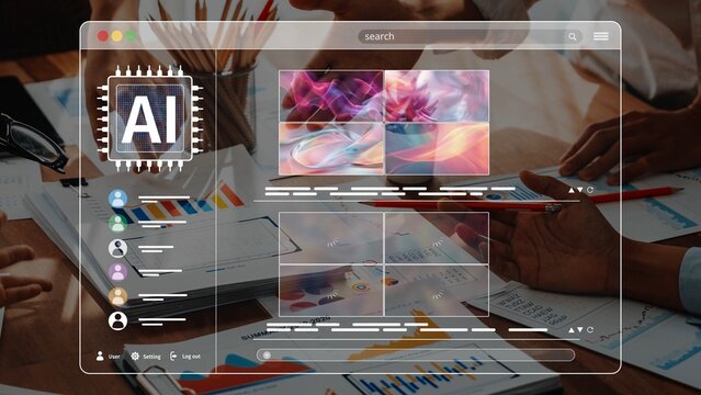 A sleek digital workspace showcasing an interface for searching artificial intelligence images, highlighting collaboration, creativity, and vibrant designs in a modern office setting. Raster