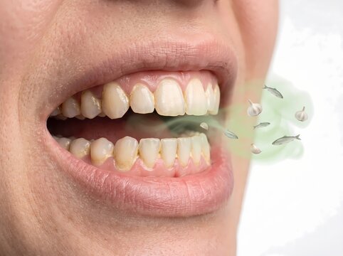 Close-up of a person with bad breath, showcasing oral hygiene issues and the concept of halitosis