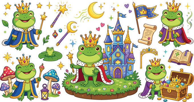 Cute cartoon frog king fairy tale collection with castle treasure chest and magic wand for children storybook sticker design assets