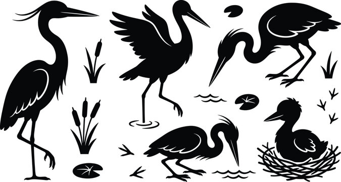 Elegant Heron and Crane Silhouette Vector Element Set featuring Wetland Birds with Nest, Cattails, Water Waves, Lily Pads, and Footprints for Nature Graphic Designs