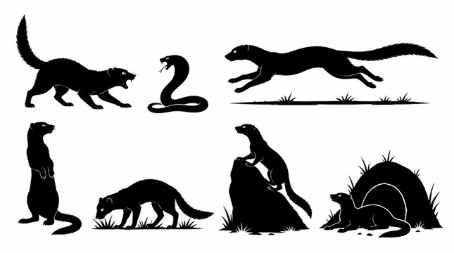 Mongoose Silhouette Set Posing and Hunting, Wildlife Vector Design