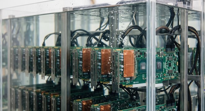 GPU mining rigs submerged in immersion cooling tank with transparent walls and fluid refraction