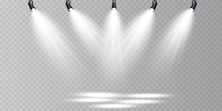 Stage lighting setup with five spotlights focused on a transparent background for presentations or performances