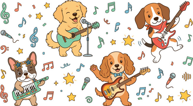 Cute cartoon puppy rock band collection playing electric guitars and keytar with musical notes for children creative marketing design assets