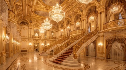 Obraz premium Luxurious Golden Ballroom Interior featuring Grand Double Staircase and Ornate Crystal Chandeliers