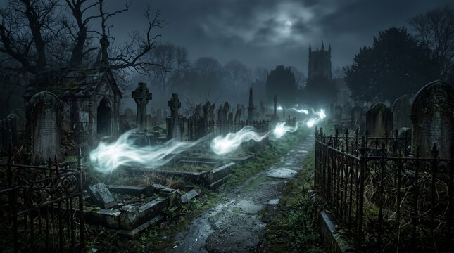 Eerie Night Graveyard with Glowing Ghostly Spirits Floating Over Ancient Tombstones in Foggy Cemetery
