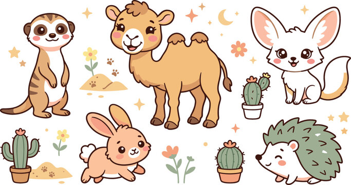 Cute desert animals sticker set featuring cartoon camel meerkat fennec fox hedgehog and rabbit for kids nursery and stationery design