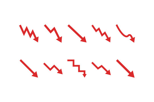 Set of ten red arrow icons showing downward trend and business decline chart graphs
