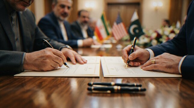 Close-up of hands signing official documents at a conference table with international flags in the background, symbolizing diplomacy, agreements, and international relations.
