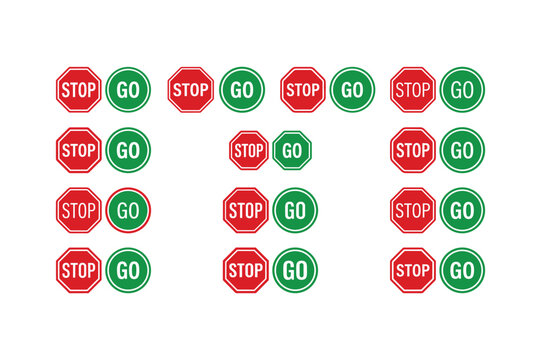 Stop and go signs group for traffic control and direction indicating safety concept