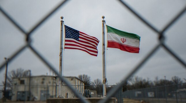 The national flags of the United States and Iran flying side-by-side behind a chain-link fence, symbolizing geopolitical tension and international relations.