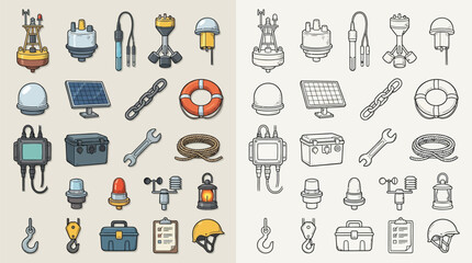 Collection of nautical and industrial equipment icons, including buoys, life preservers, tools, and safety gear, presented in both color and line art styles. © renender