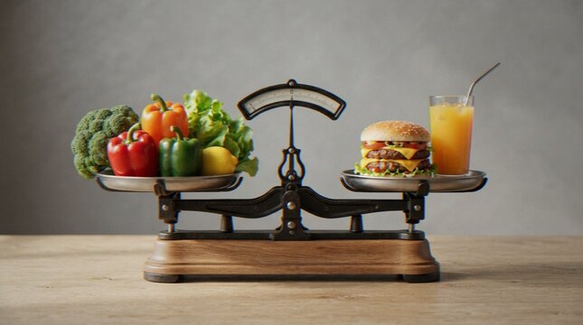 A conceptual studio shot of a balance scale weighing healthy fresh vegetables on one side against a fast-food cheeseburger and orange drink on the other.